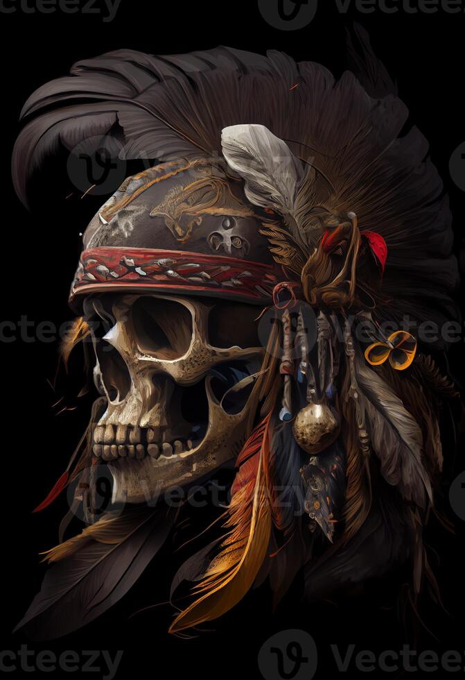 illustration of an old skull pirate on board a ship, a portrait of a captain, a sea wolf, black background, photo