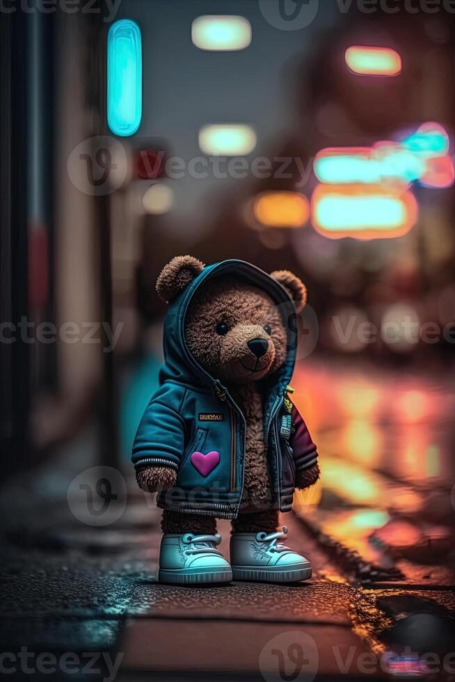 toy cute Bear in clothes jacket and sneakers on street background with neon lighting, photo