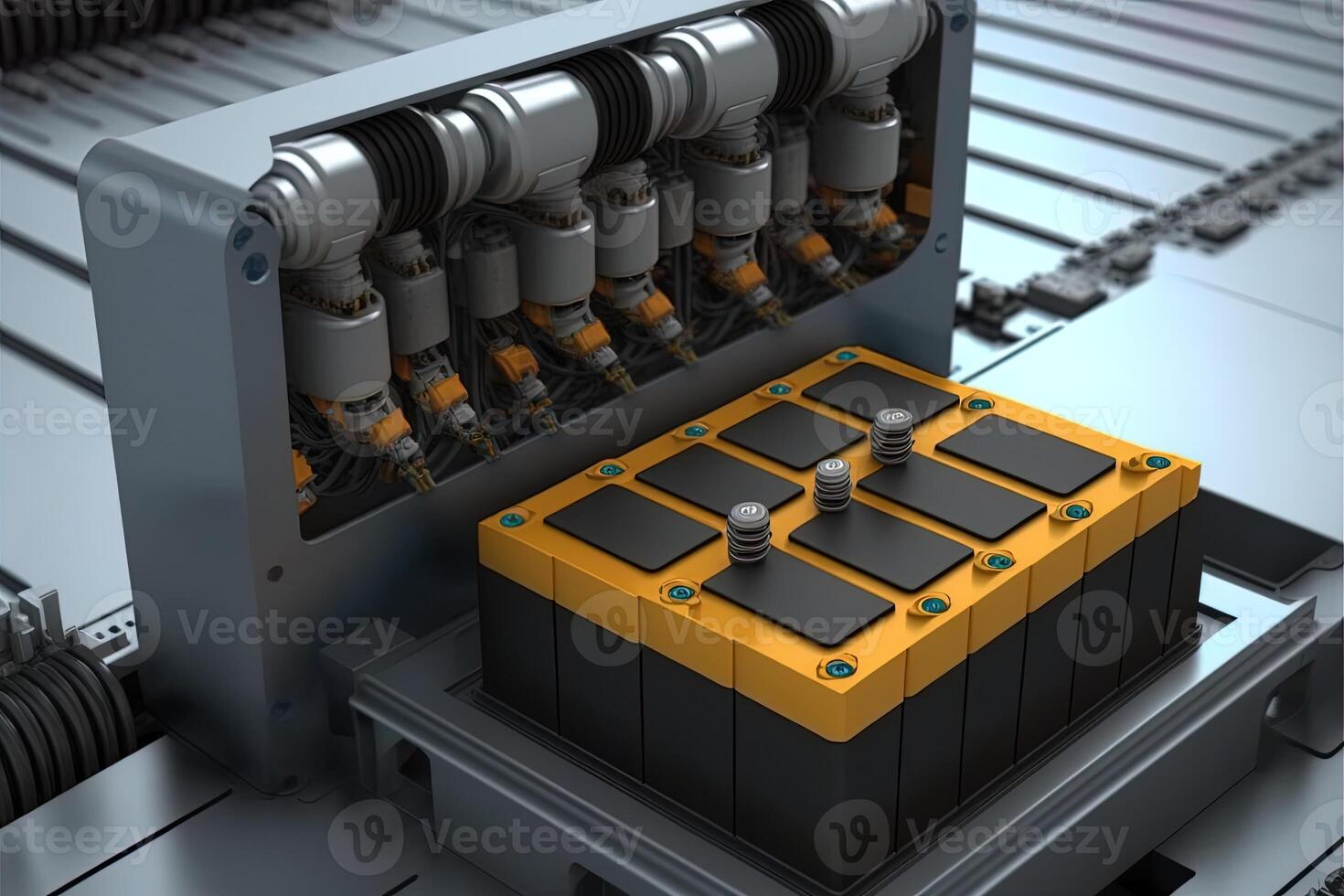 Interior of industry factory, Robot assembly line with electric car battery cells module on platform. photo