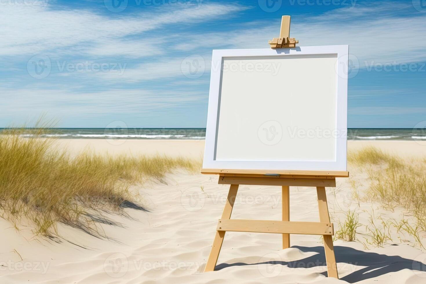 White blank artist frame on a small wooden easel on summer sea beach background with copy space. Advertising mockup artboard for pictures or artwork. Painting frame template banner. photo