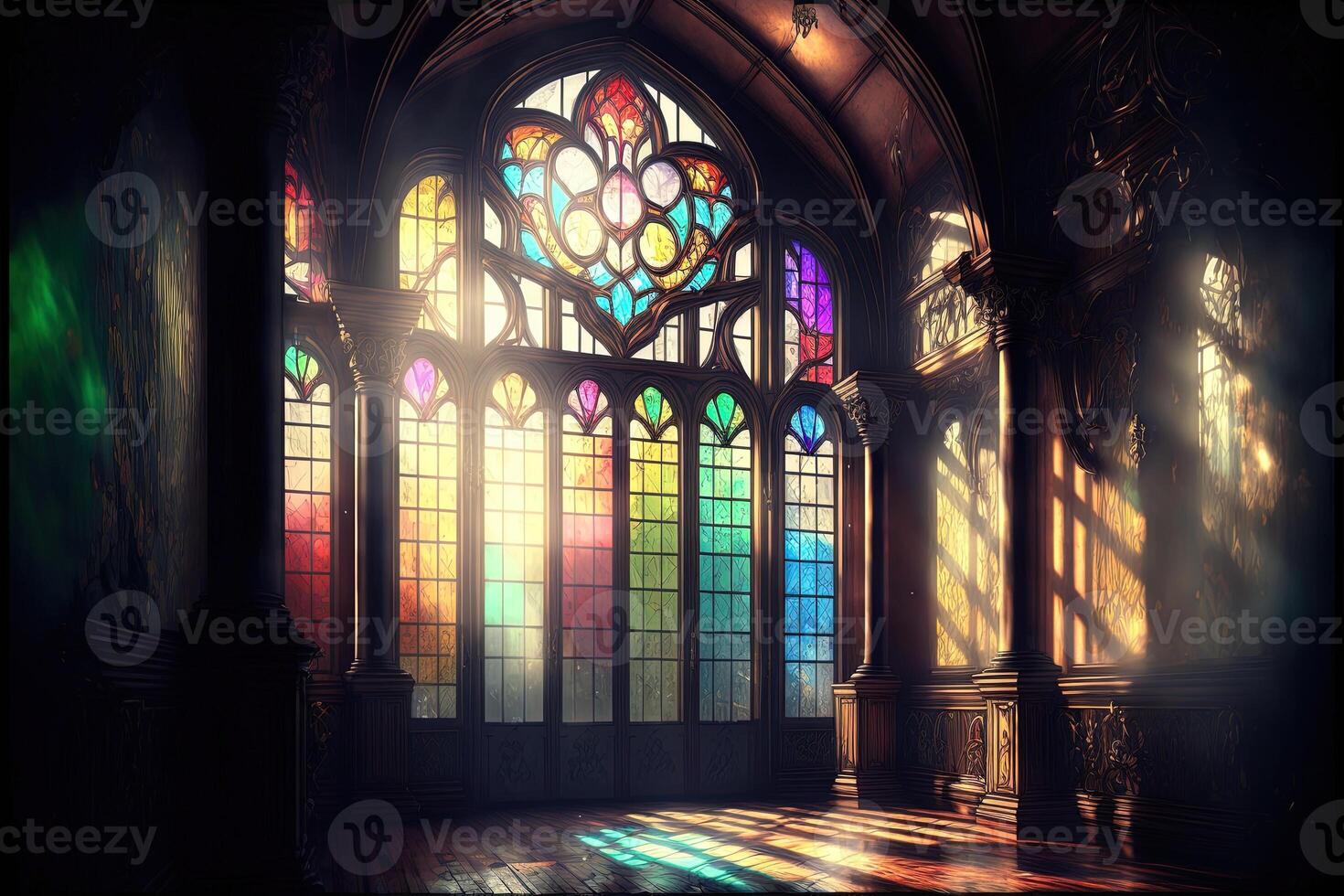 Palace interior with high stained-glass windows made of multicolored glass, an old majestic hall, sun rays through the windows. Dark fantasy interior. photo