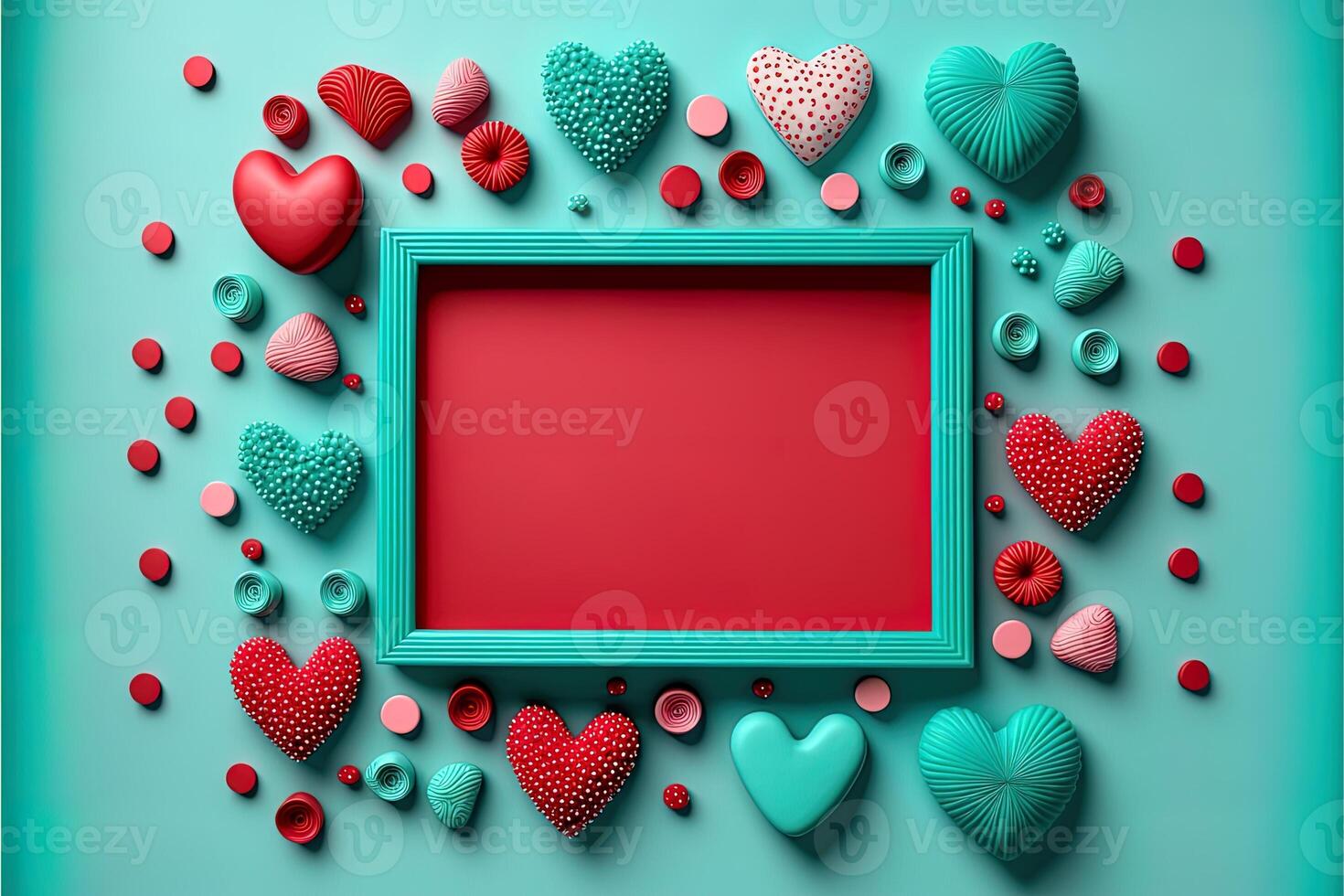 Valentine frame and banner. Red, blue, cyan, pink decoration. flat lay, romantic. Love and valentine day concept. photo