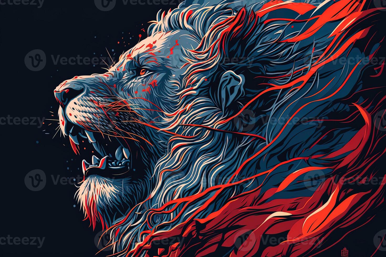 Poster of Lion roaring, Abstract poster of a dangerous and powerful roaring male lion. . Creative fire flames art paint coming from the mad king of the jungle. photo