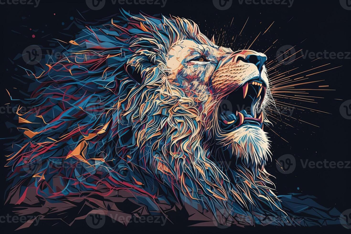 Poster of Lion roaring, Abstract poster of a dangerous and powerful roaring male lion. . Creative fire flames art paint coming from the mad king of the jungle. photo