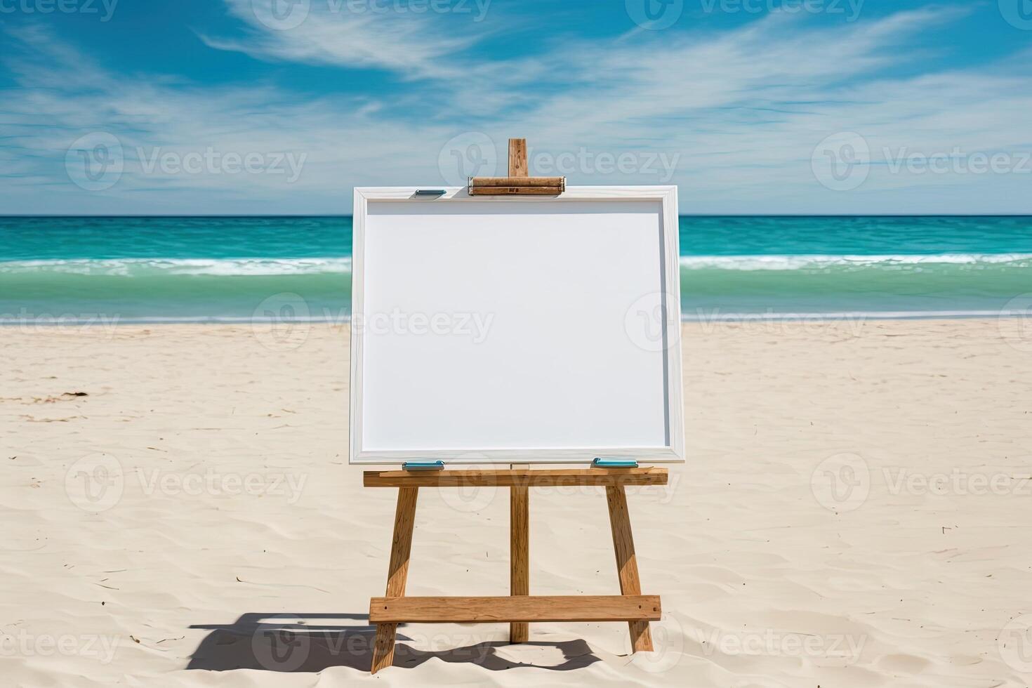 White blank artist frame on a small wooden easel on summer sea beach background with copy space. Advertising mockup artboard for pictures or artwork. Painting frame template banner. photo