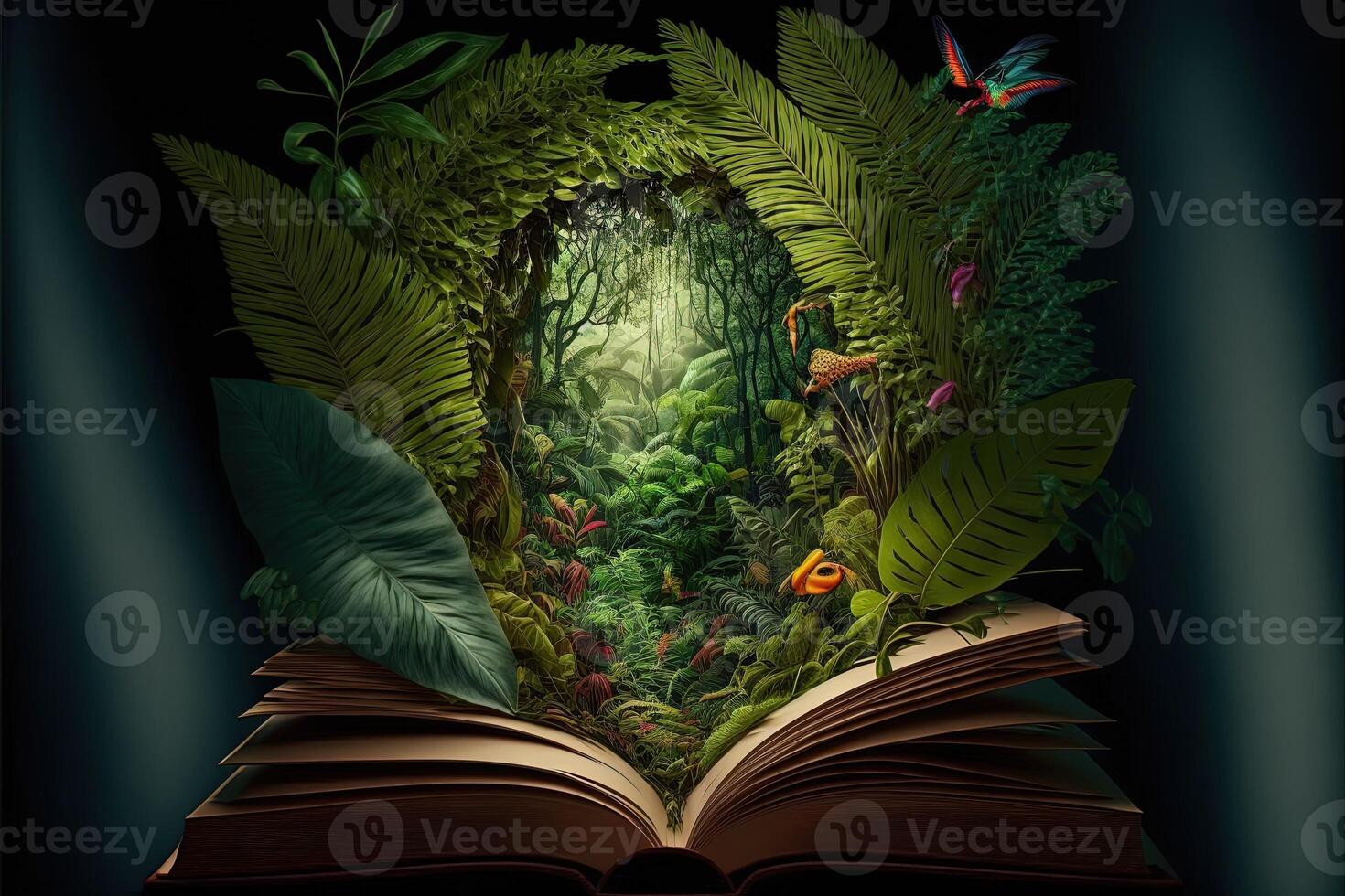 A tropical rainforest jungle with parrot, bird, monkey, wolf appearing opening a book. Jungle book for kid. fantastic jungle landscape. photo