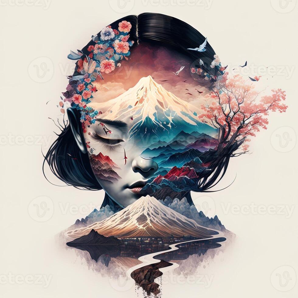 double exposure of a gorgeous geisha and Mount Fuji with peach flower and river. Beautiful face of Asian woman on white background, image combined with nature, green mountains landscape photo
