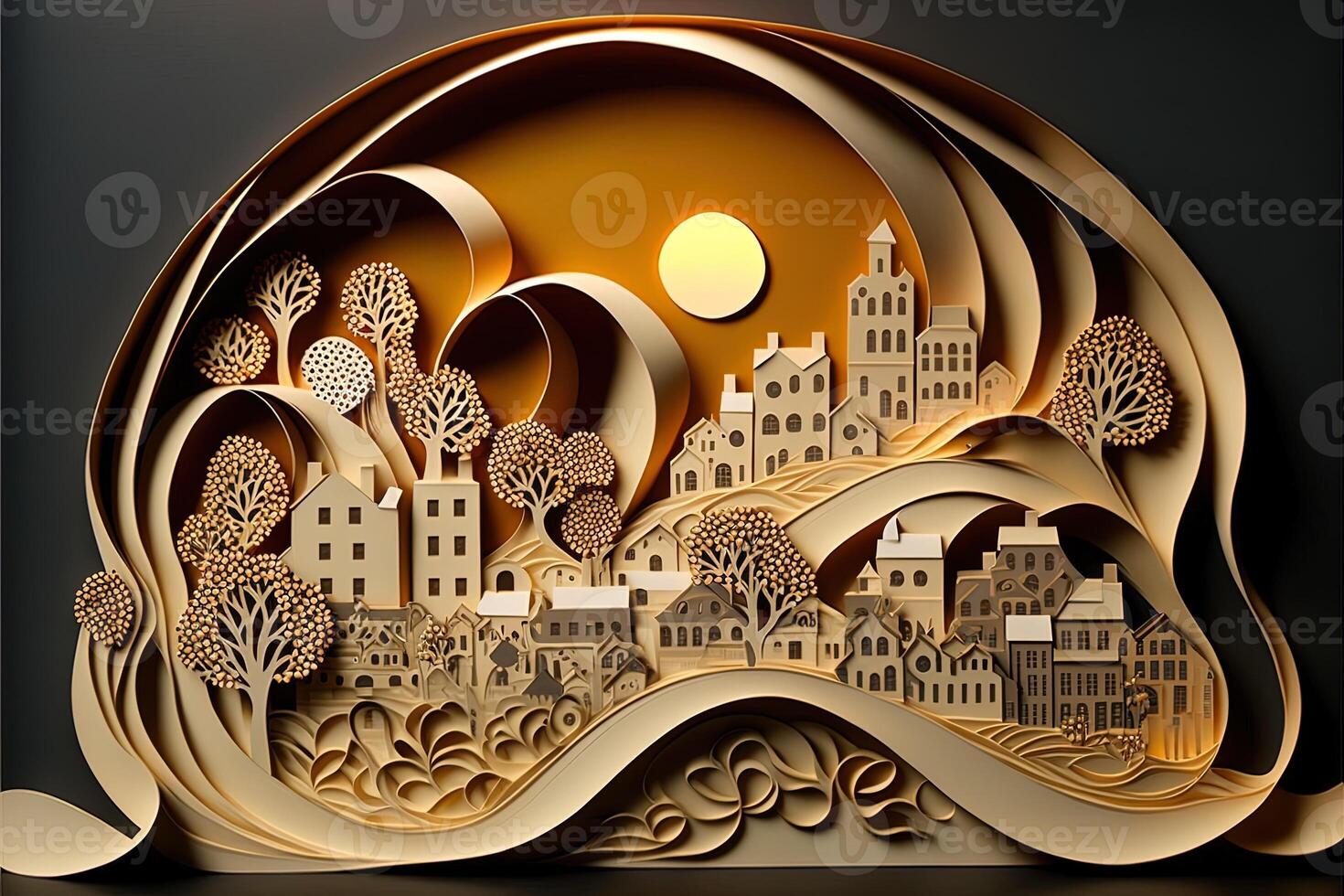 paper quilling style urban design. Multidimensional paper quilling craft illustration a small city. photo