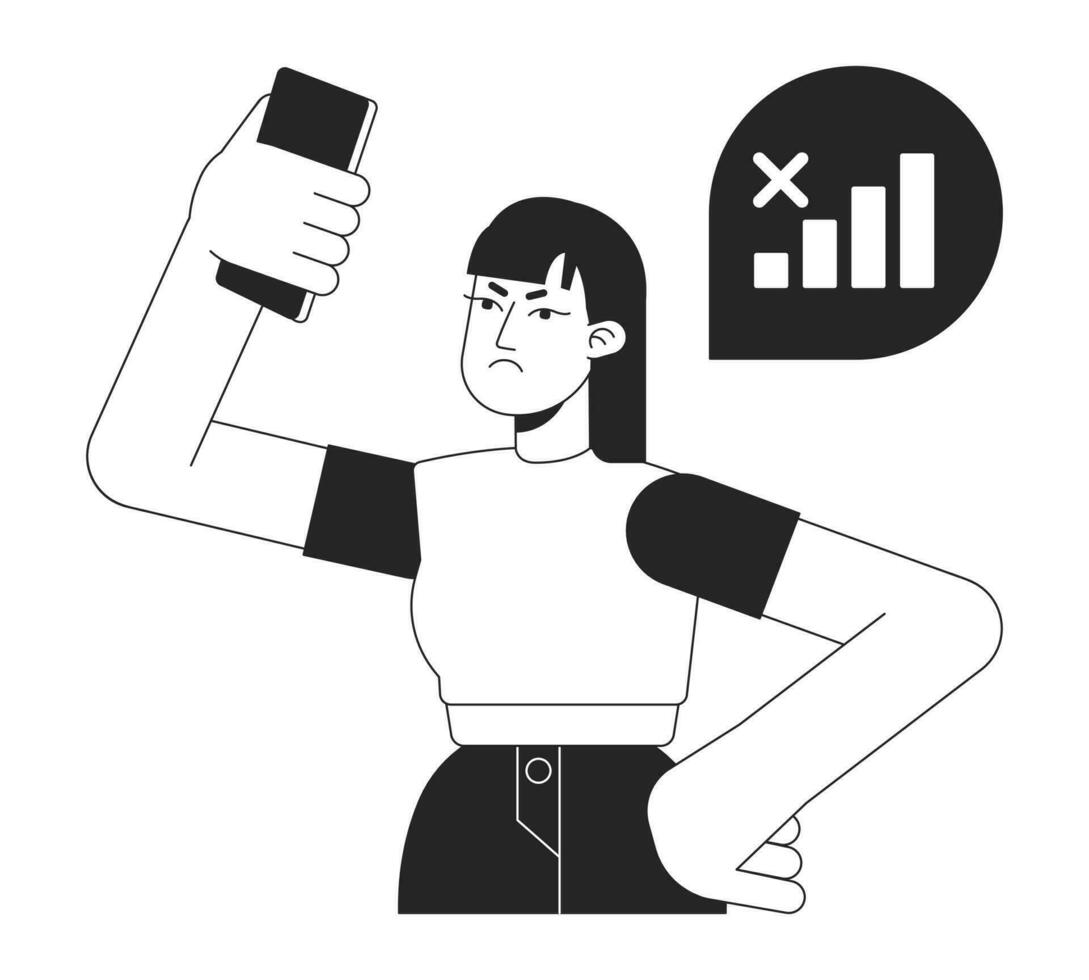 Phone user disconnected from network bw vector spot illustration. Girl with phone problem 2D cartoon flat line monochromatic character on white for web UI design. Editable isolated outline hero image