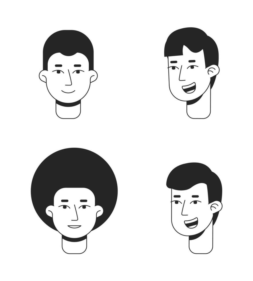 Men nice smiles monochrome flat linear character heads set. Happy afro guy. Excitement. Editable outline people icons. Line users faces. 2D cartoon spot vector avatar illustration pack for animation