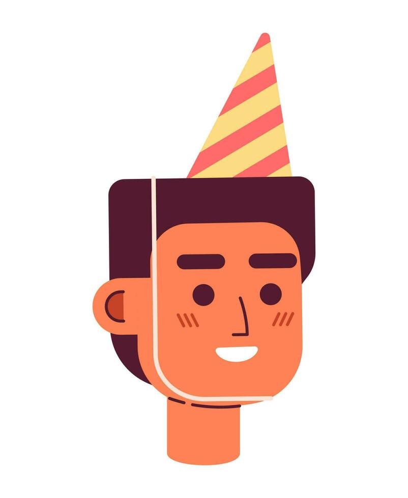 emocionado caucásico hombre vistiendo cumpleaños fiesta sombrero semi plano vector personaje cabeza. celebraciones editable dibujos animados avatar icono. cara emoción. vistoso Mancha ilustración para web gráfico diseño, animación