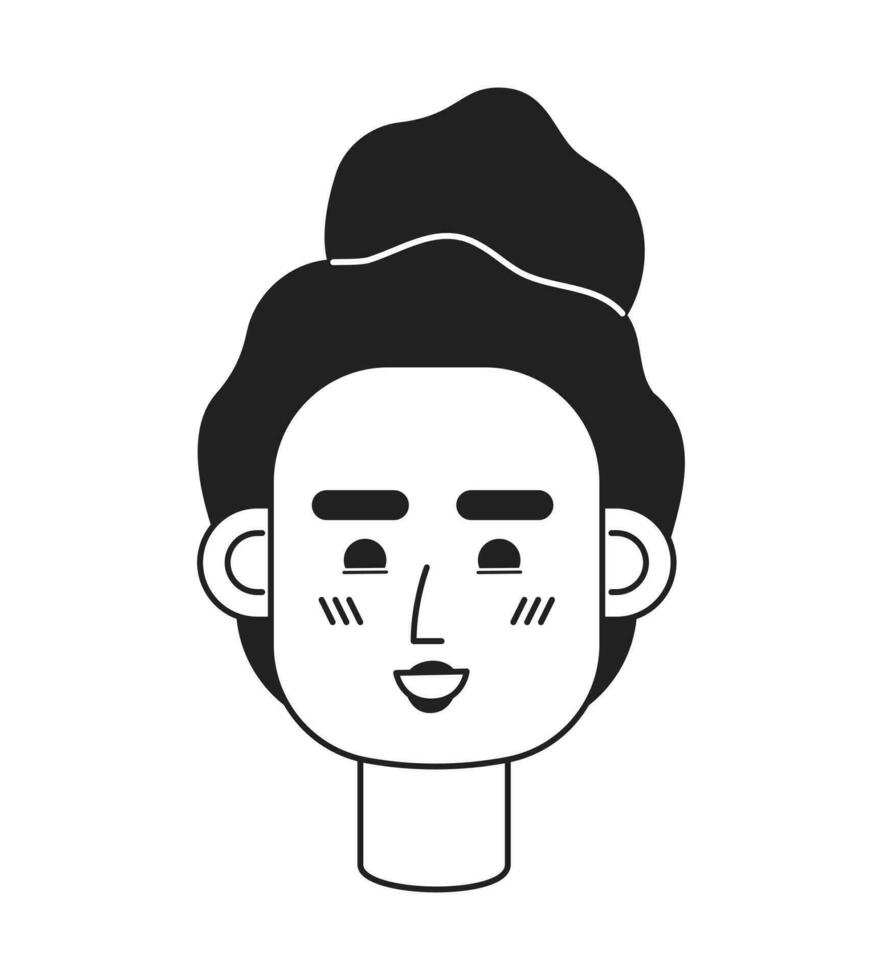 Happy brunette young adult woman monochrome flat linear character head. Cheerful curly hair girl. Editable outline hand drawn human face icon. 2D cartoon spot vector avatar illustration for animation