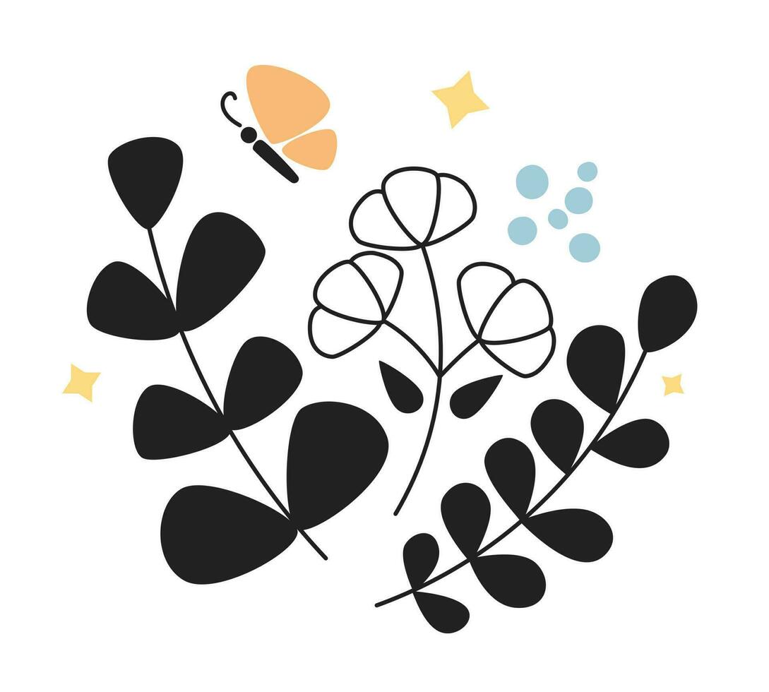 Serenity nature monochrome flat vector clip art. Greenery with flying butterfly. Blooming spring flowers. Editable black white icon element. Simple thin line spot illustration for web graphic design