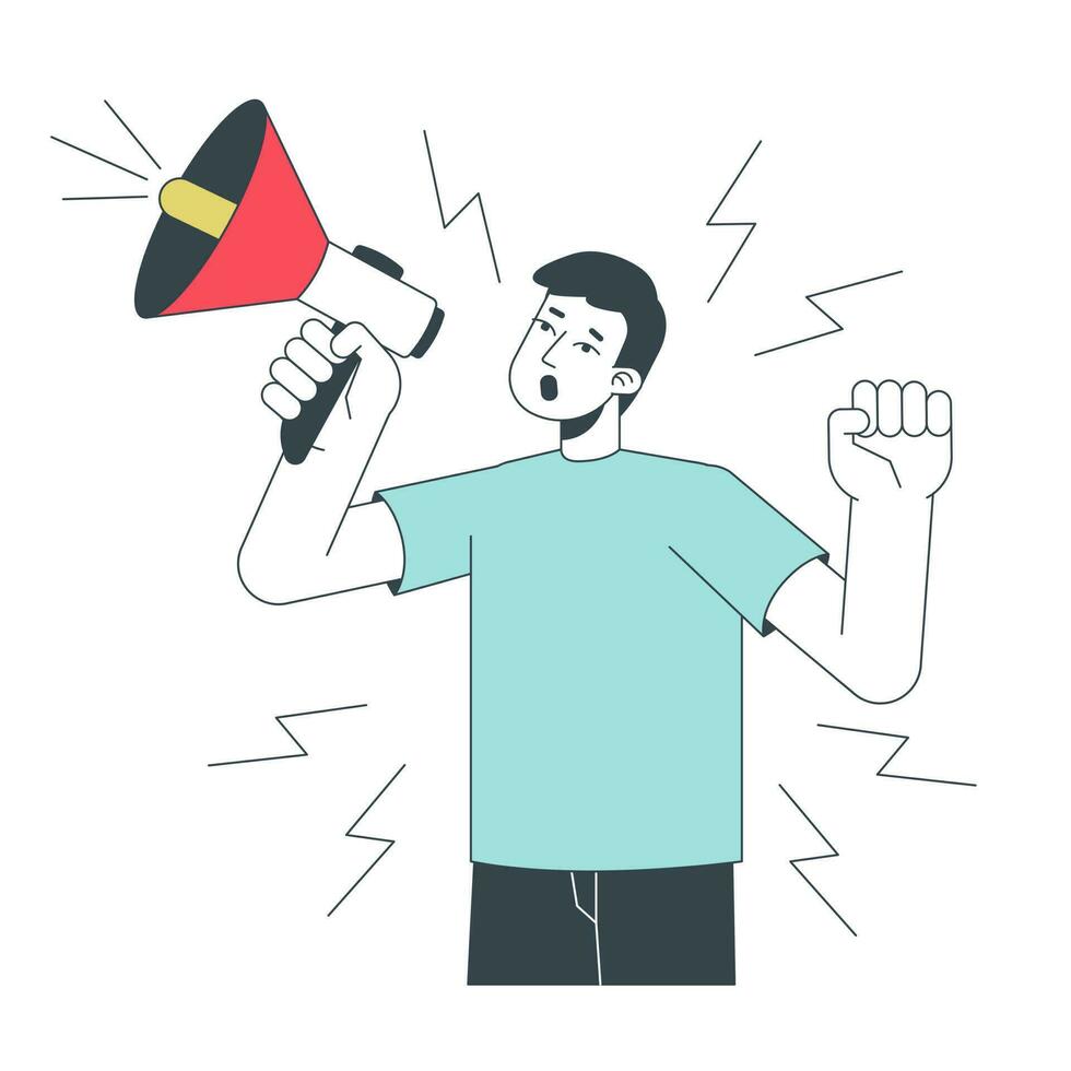 Business announcement flat line concept vector spot illustration. Man shouting in megaphone 2D cartoon outline character on white for web UI design. Promotion editable isolated colorful hero image