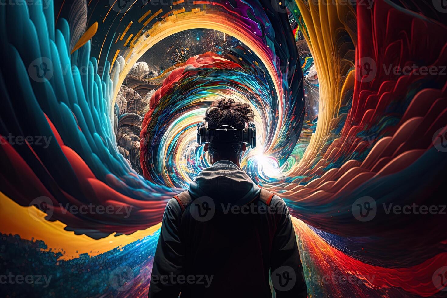 illustration of an enthusiastic young man wearing virtual reality goggles is inside the metaverse. Metaverse concept and virtual world elements. Games and entertainment of the digital photo