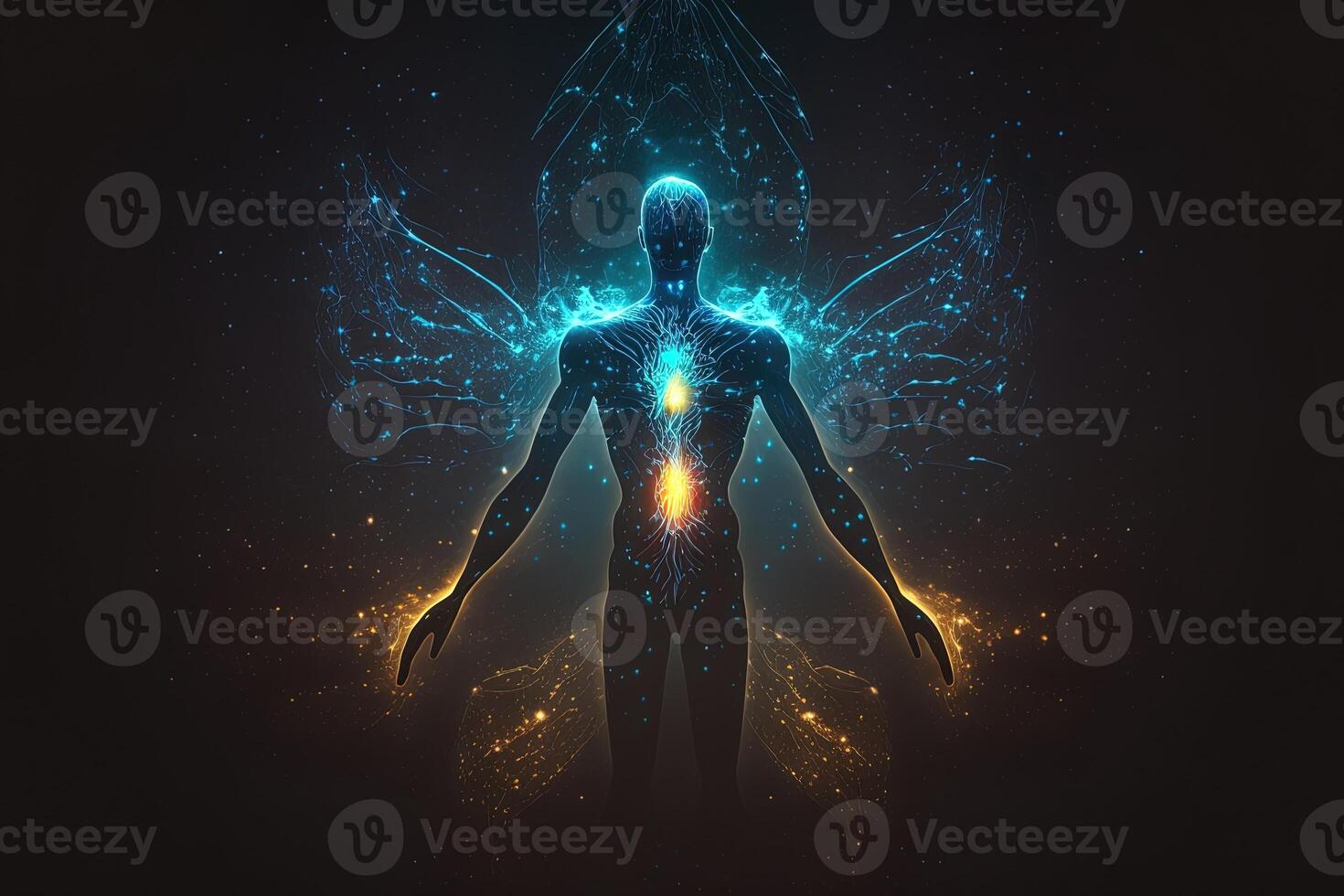 Astral body silhouette with abstract space background. Esoteric, spiritual life and meditation concept. Afterlife and connection with other worlds. Created with photo