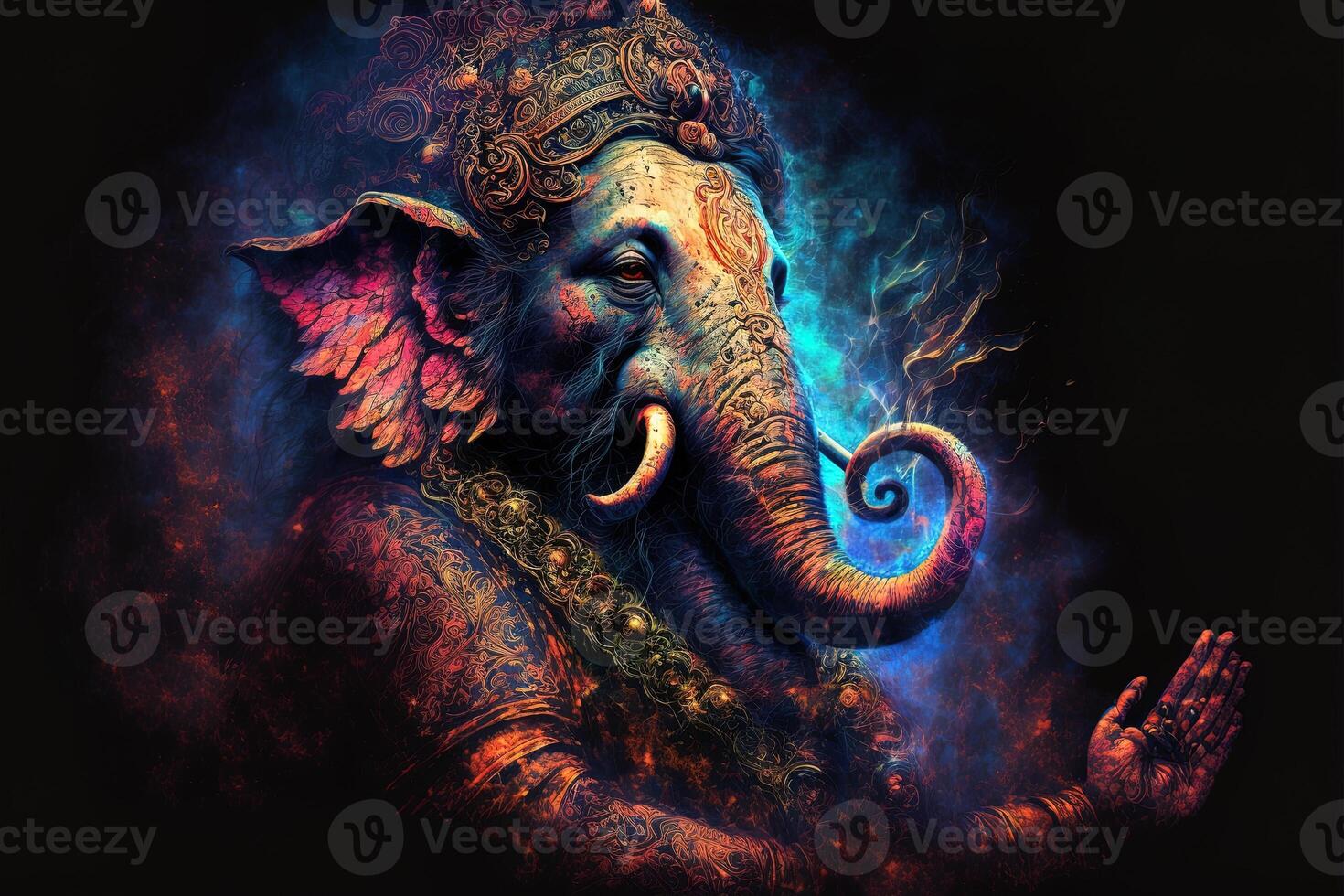 on statue of Lord Ganesha , Ganesha Festival. Hindu religion and Indian celebration of Diwali festival concept on dark, red, yellow background and copy space photo