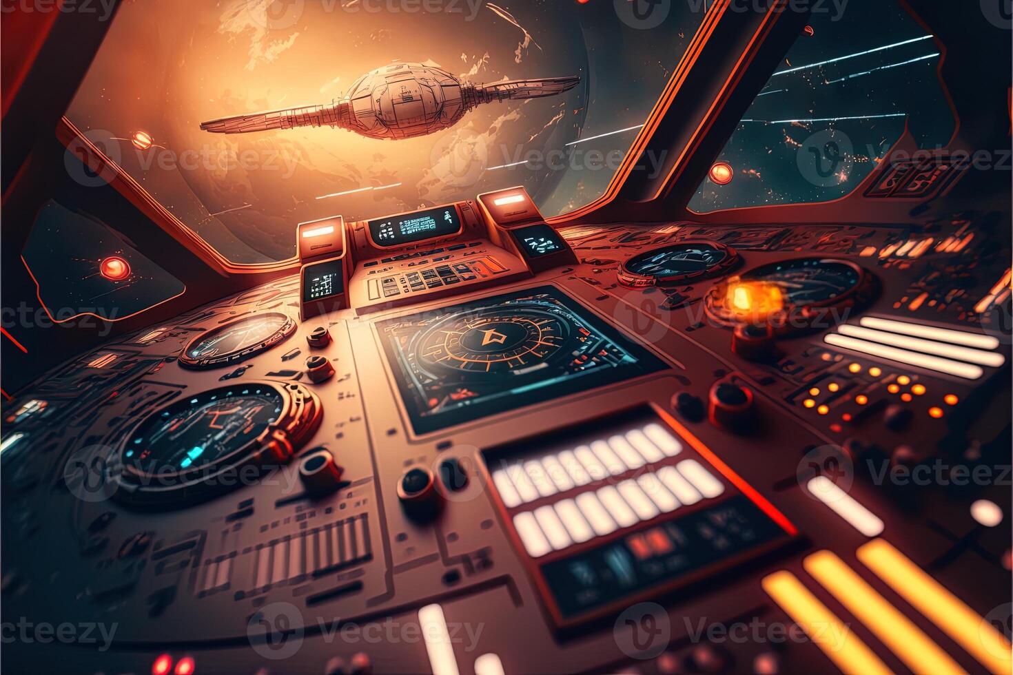 Futuristic navigation system, AR space, floating in the space, flat design, information graphic. Sci-fi space exploration concept. Inside view of the sci-fi cabin of the pilot . photo