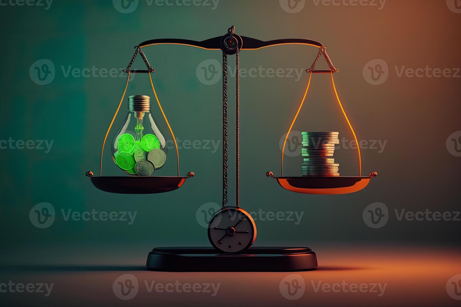 Scales with light bulb on one side and money on the other, concept of ideas and innovation, green background. Digital illustration. photo