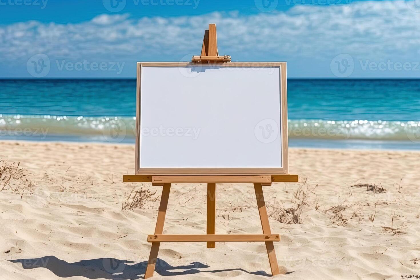 White blank artist frame on a small wooden easel on summer sea beach background with copy space. Advertising mockup artboard for pictures or artwork. Painting frame template banner. photo