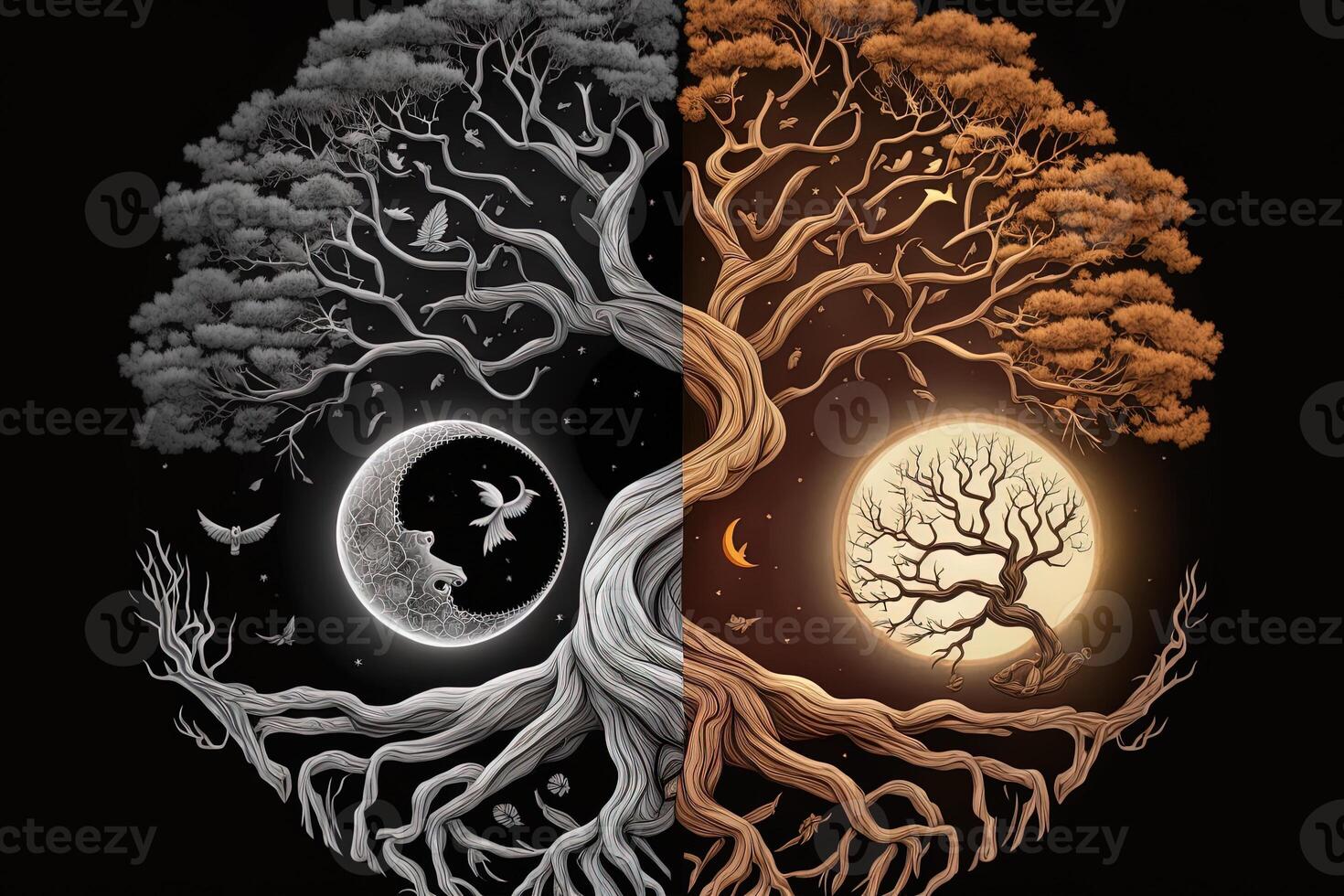 Ying yang concept of balance Yggdrasil tree of life norse mythology. Balance concept. photo