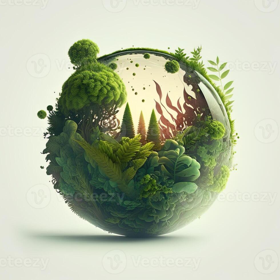 a green mini planet earth, Illustration of planet Earth with a giant tree. Energy saving, ecology and environment sustainable resources conservation concept. photo