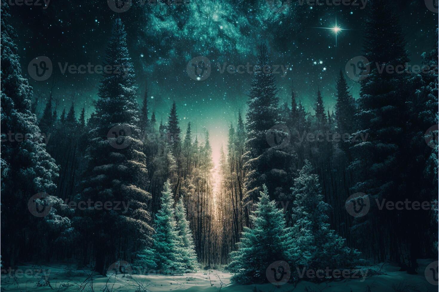 christmas decorated green spruce trees in winter forest, Abstract fantasy festive christmas tree background header wallpaper, winter abstract landscape. Sunlight in the winter forest. photo