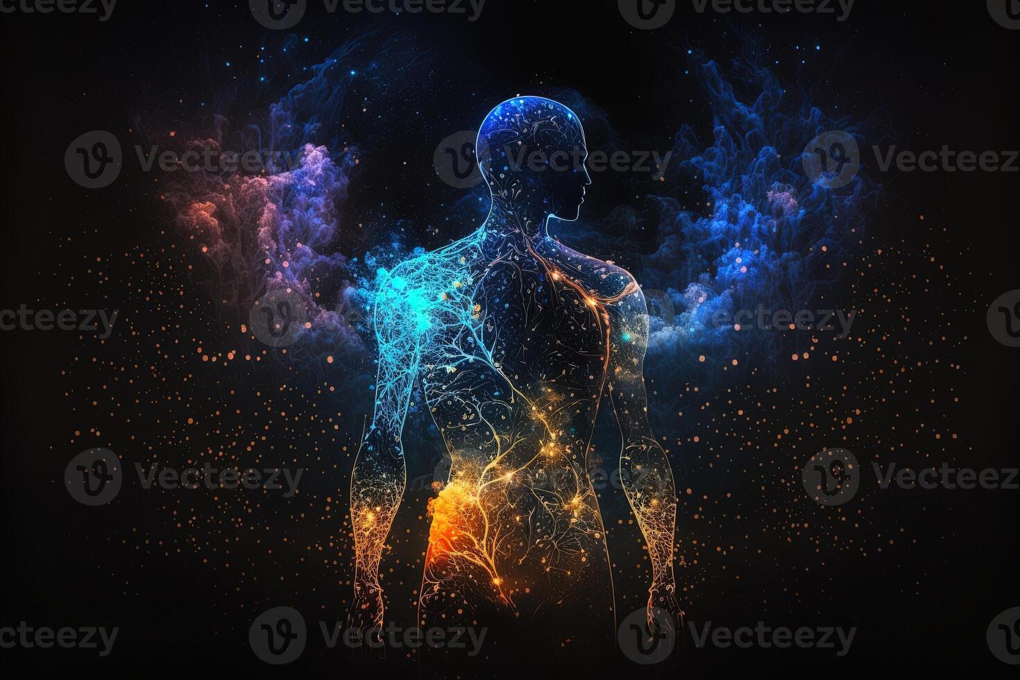 Astral body silhouette with abstract space background. Esoteric, spiritual life and meditation concept. Afterlife and connection with other worlds. Created with photo