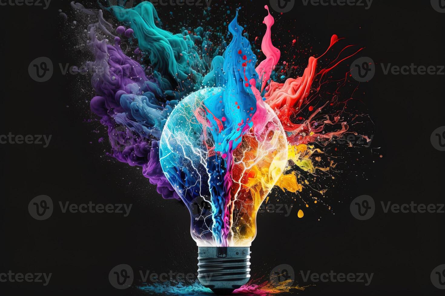 illustration of colorful bulb with splash of colors on black background. Creativity, eureka, imagination, inspiration. . Idea and solution concept photo