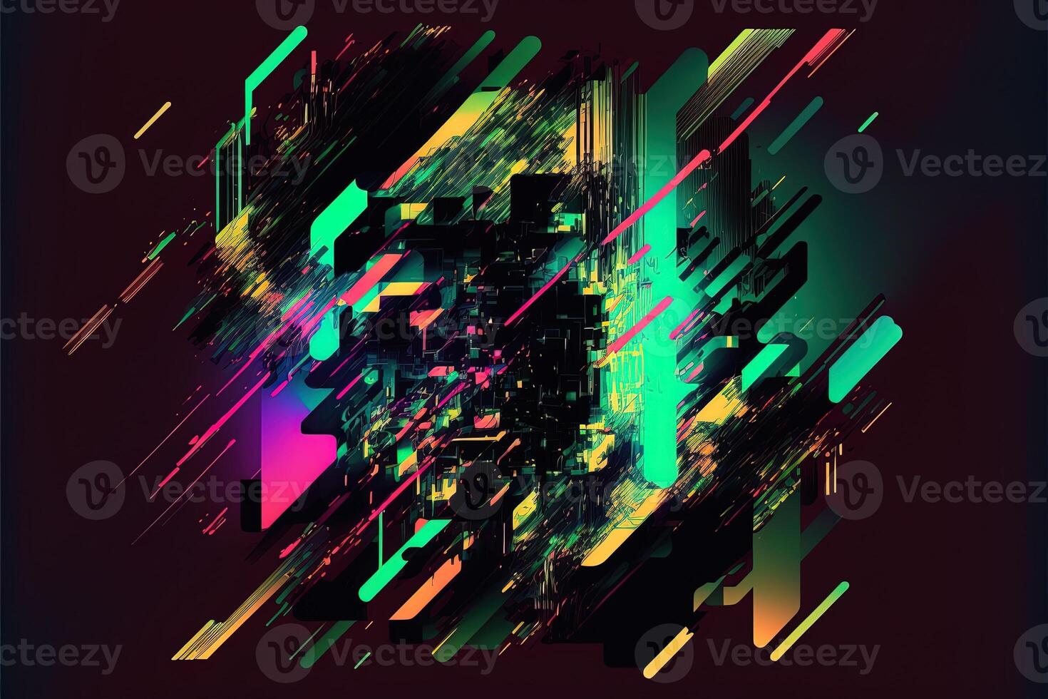 Abstract background with interlaced digital glitch and distortion effect. Futuristic cyberpunk design. Retro futurism, web punk, rave 80s 90s cyberpunk aesthetic techno neon colors. photo