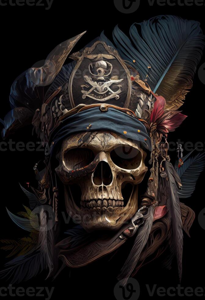 illustration of an old skull pirate on board a ship, a portrait of a captain, a sea wolf, black background, photo