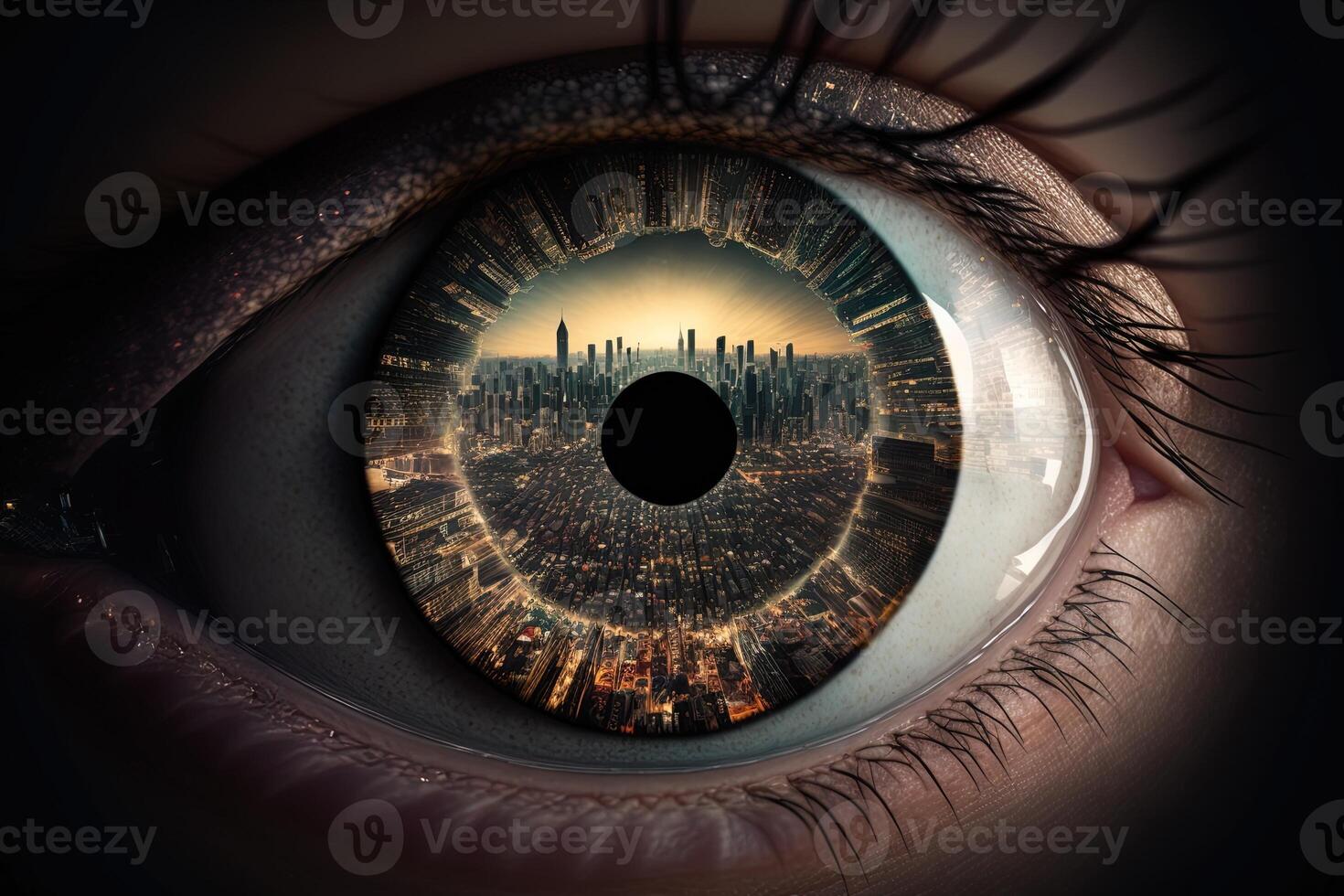 A photograph of a city from above inside the pupil of an eye realistic. Close-up Eye with a modern futuristic city inside it. Look for future. keep moving forward concept. photo