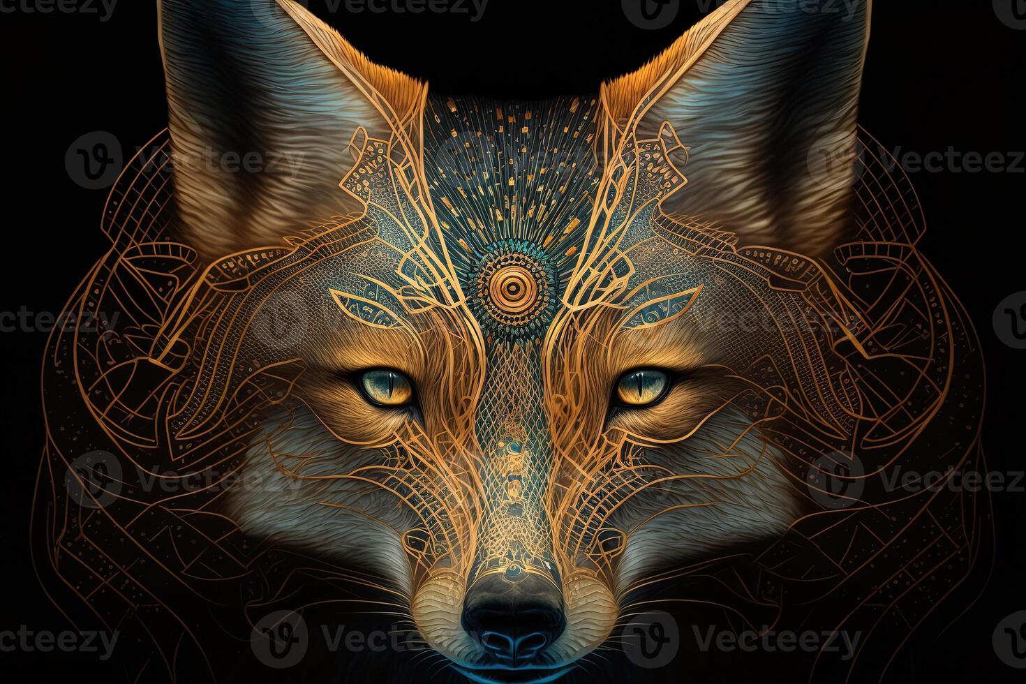 Fantasy Raster Image of Fox Face with Golden Spot, Animal face in the depths of galaxies and stars fox photo