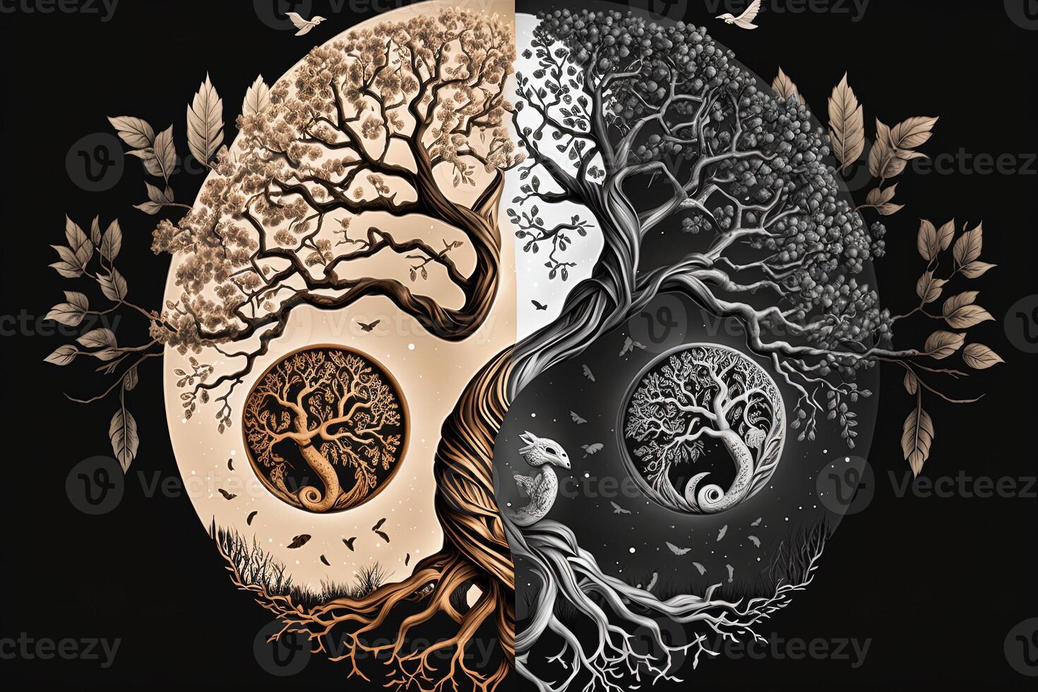 Ying yang concept of balance Yggdrasil tree of life norse mythology. Balance concept. photo