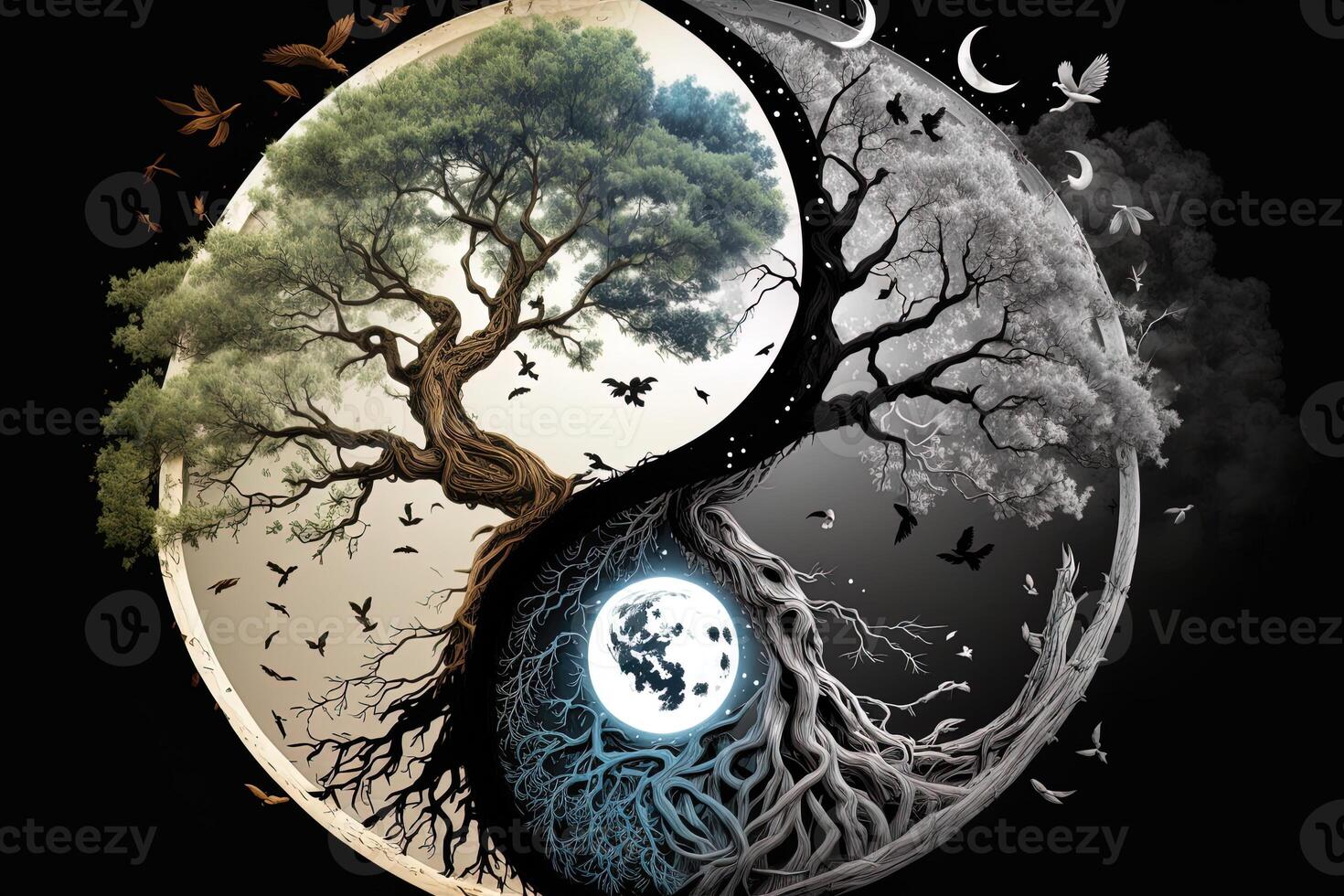 ying yang concepto de equilibrar yggdrasil árbol de vida nórdico mitología. equilibrar concepto. generativo ai foto