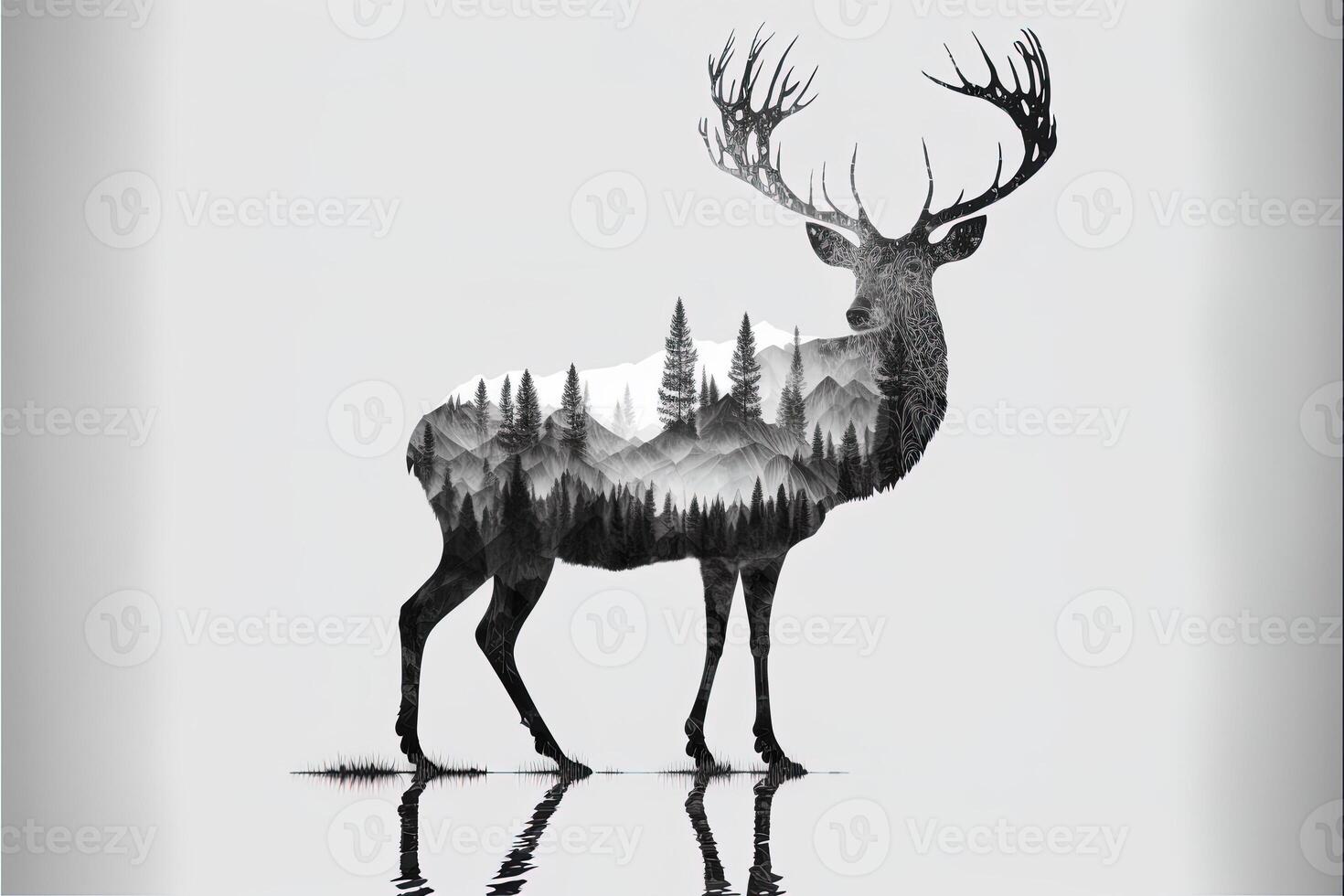 Double exposure of a deer and jungle on white background. Camping concept. Vintage Grizzly for t-shirt design, sticker, poster, and wallpaper. Adventure deer illustration photo