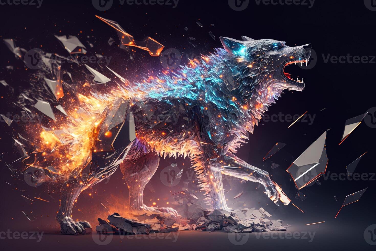 fusion of metal wolf exploding through fire surrounded by scattered glass shards and debris, cosmic energy photo