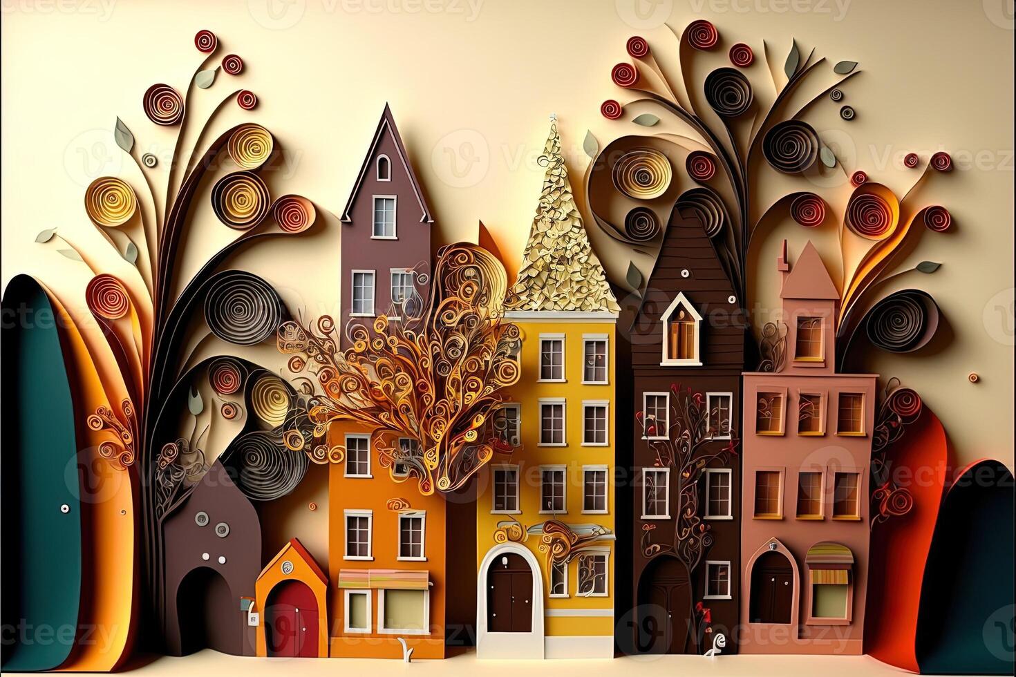paper quilling style urban design. Multidimensional paper quilling craft illustration a small city. photo