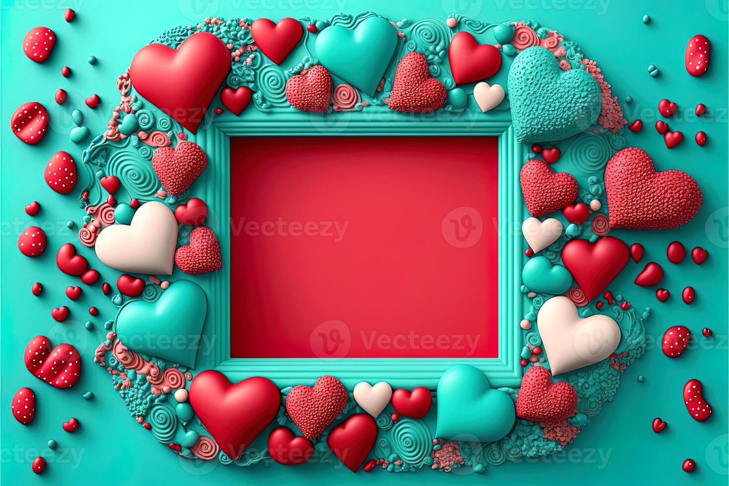 Valentine frame and banner. Red, blue, cyan, pink decoration. flat lay, romantic. Love and valentine day concept. photo