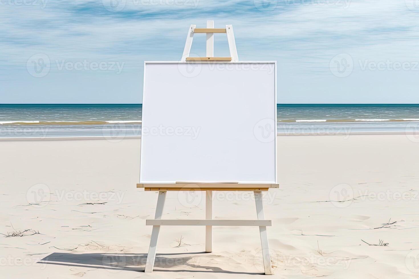 White blank artist frame on a small wooden easel on summer sea beach background with copy space. Advertising mockup artboard for pictures or artwork. Painting frame template banner. photo