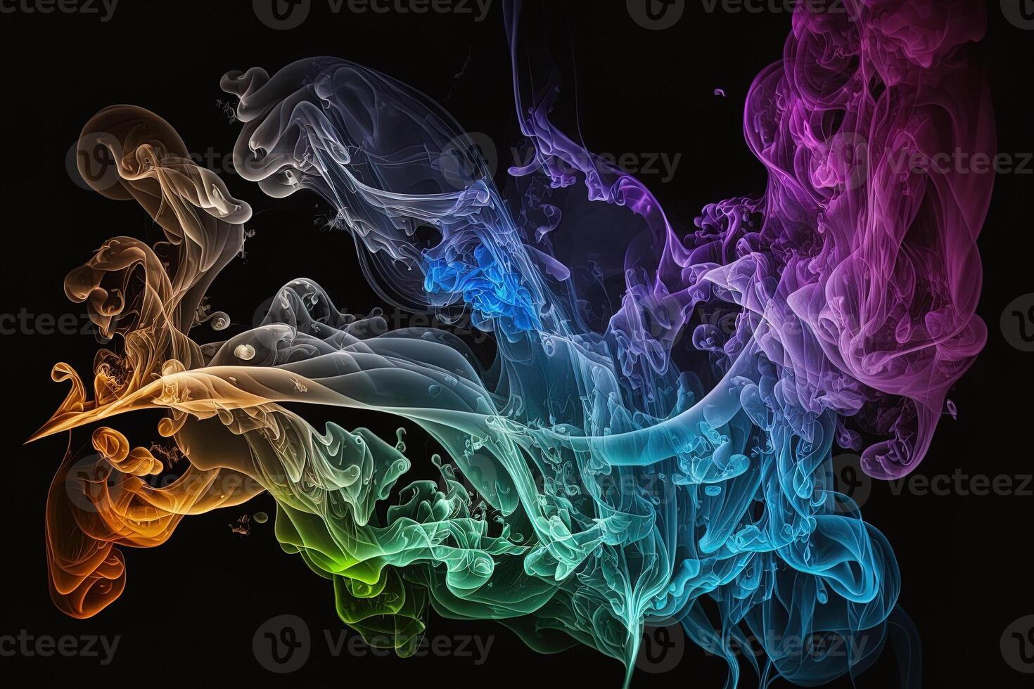 a colorful smoke cloud is shown in this image, it looks like it is floating in the air and is very dark and blue and yellow, with a black background. photo