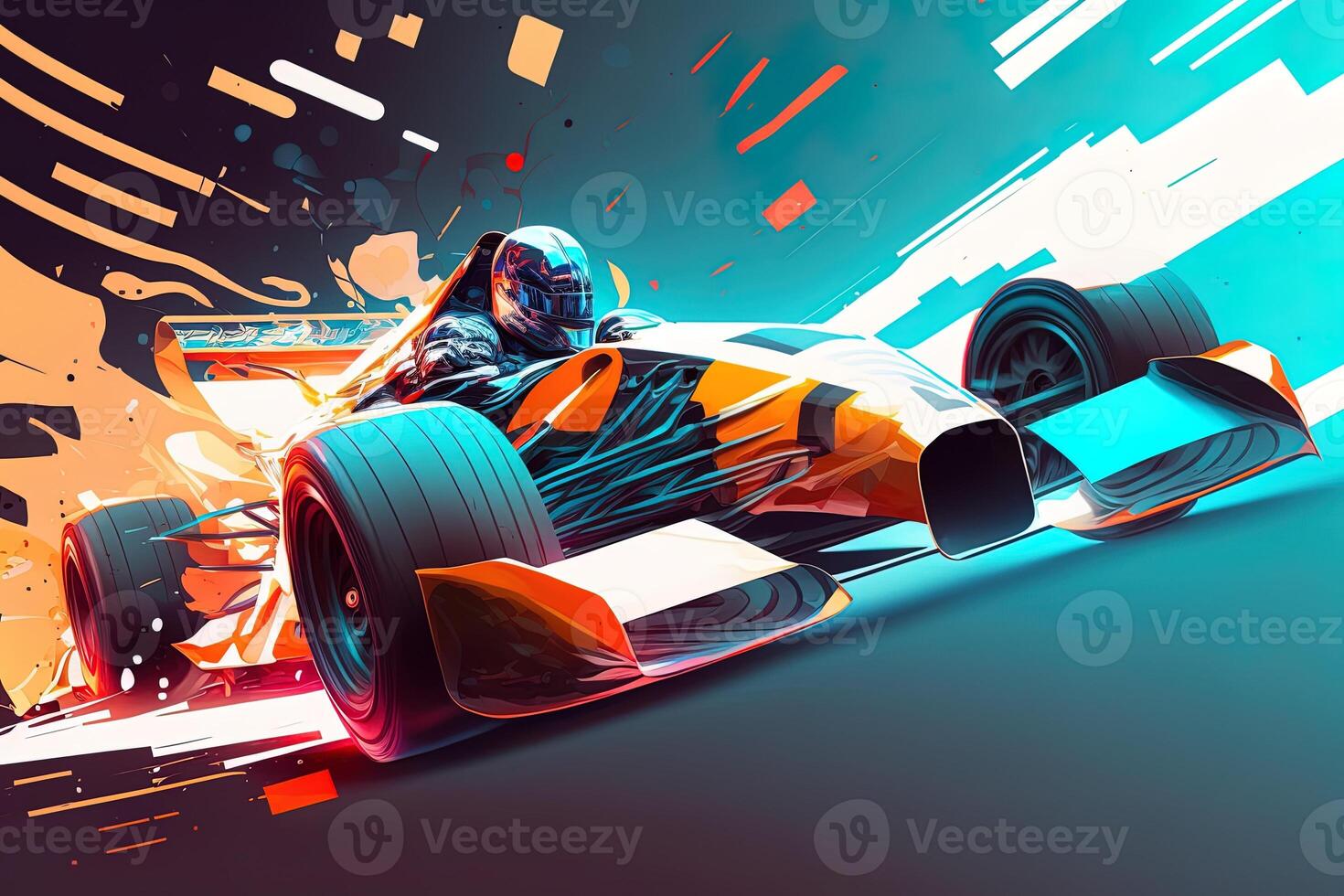 Futuristic racing formula at fast ride to finish. Post product digital illustration. Racing car in motion, Powerful acceleration of a car on a night track with colorful lights and trails photo