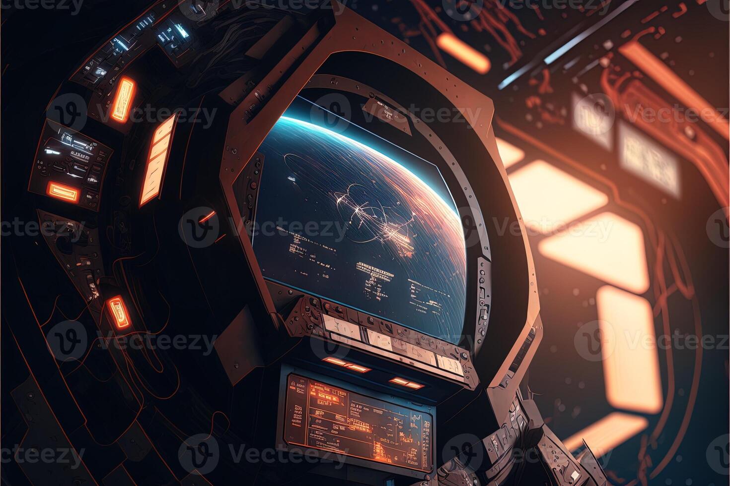 Futuristic navigation system, AR space, floating in the space, flat design, information graphic. Sci-fi space exploration concept. Inside view of the sci-fi cabin of the pilot . photo