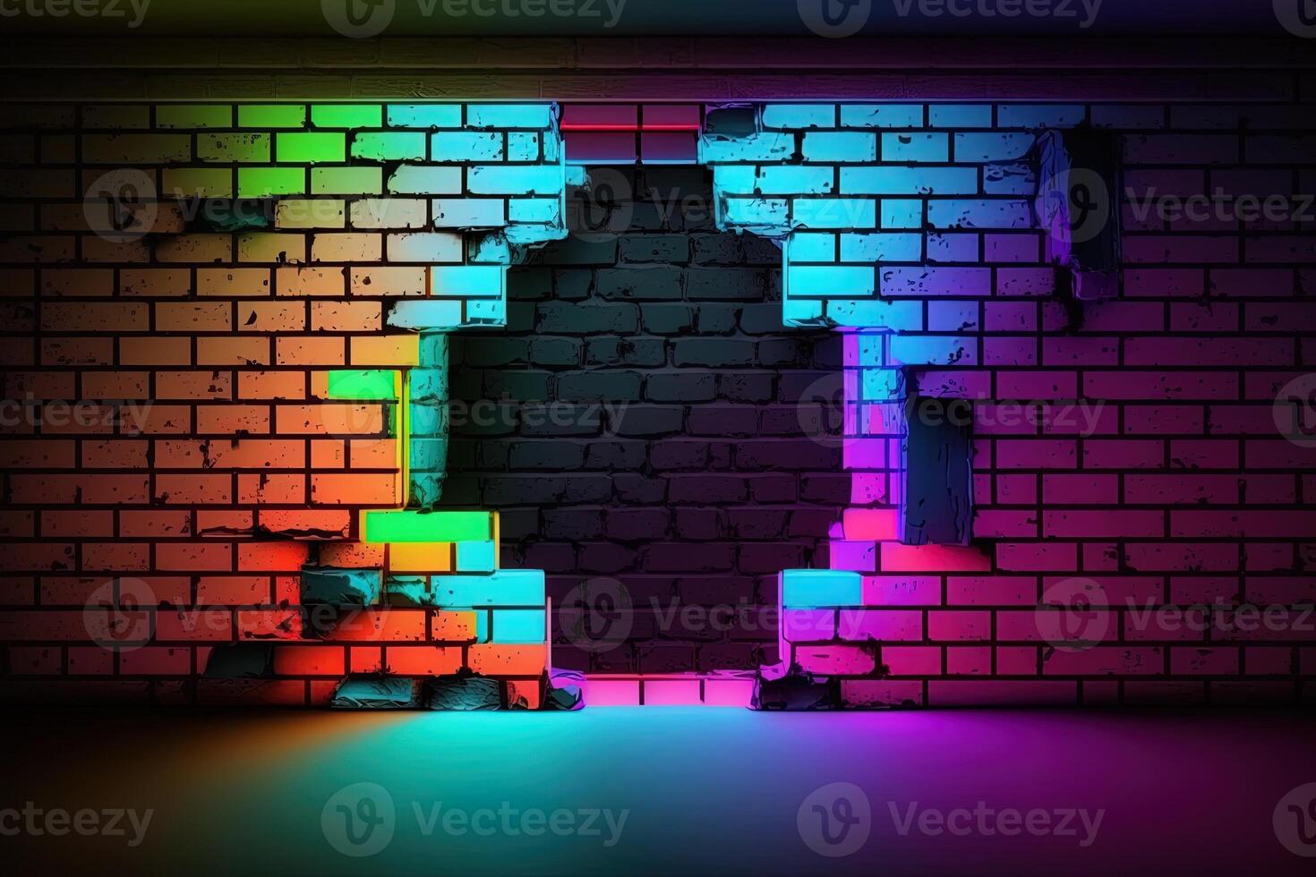 Modern futuristic blank brick wall background with neon lights. old grunge brick wall room background. Colorful copy space concept. photo