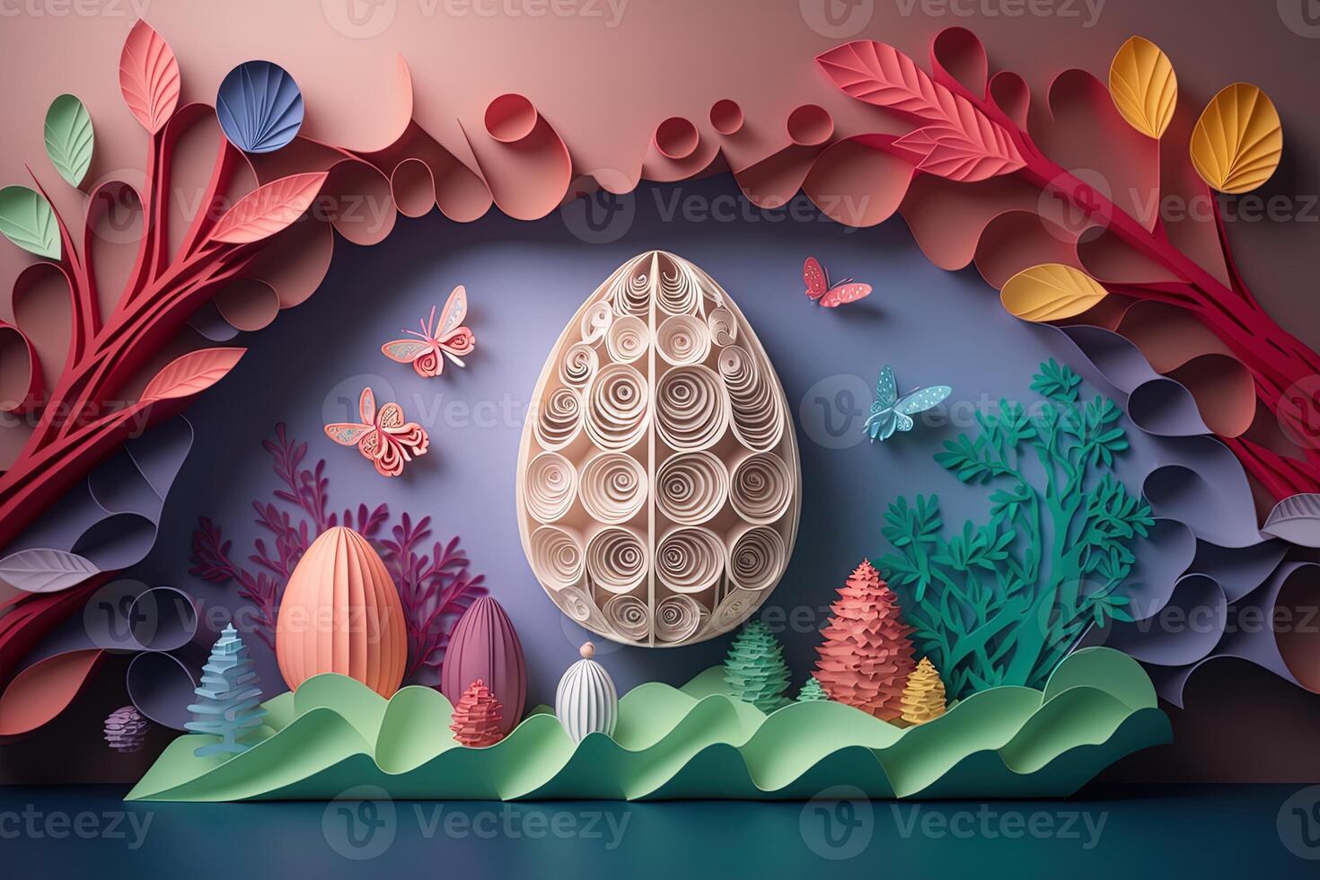 paper cut quilling multi dimensional easter egg in easter celebration, a lot of egg and small rabbit in background. Spring concept. photo