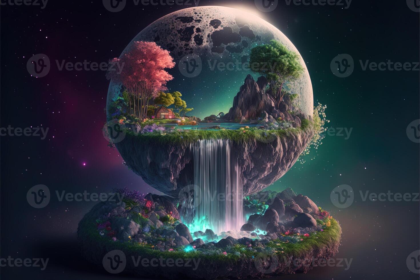 floating island with waterfalls, moon, bright galaxy, small shining colourful crystals growing on the island, bright stars, cloud waterfall, glistening rainbow water. Sci fi planet photo