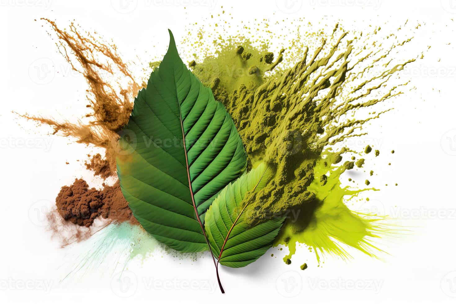 powder flavored explosion white background with kratom leafs mockup for matcha tea. photo