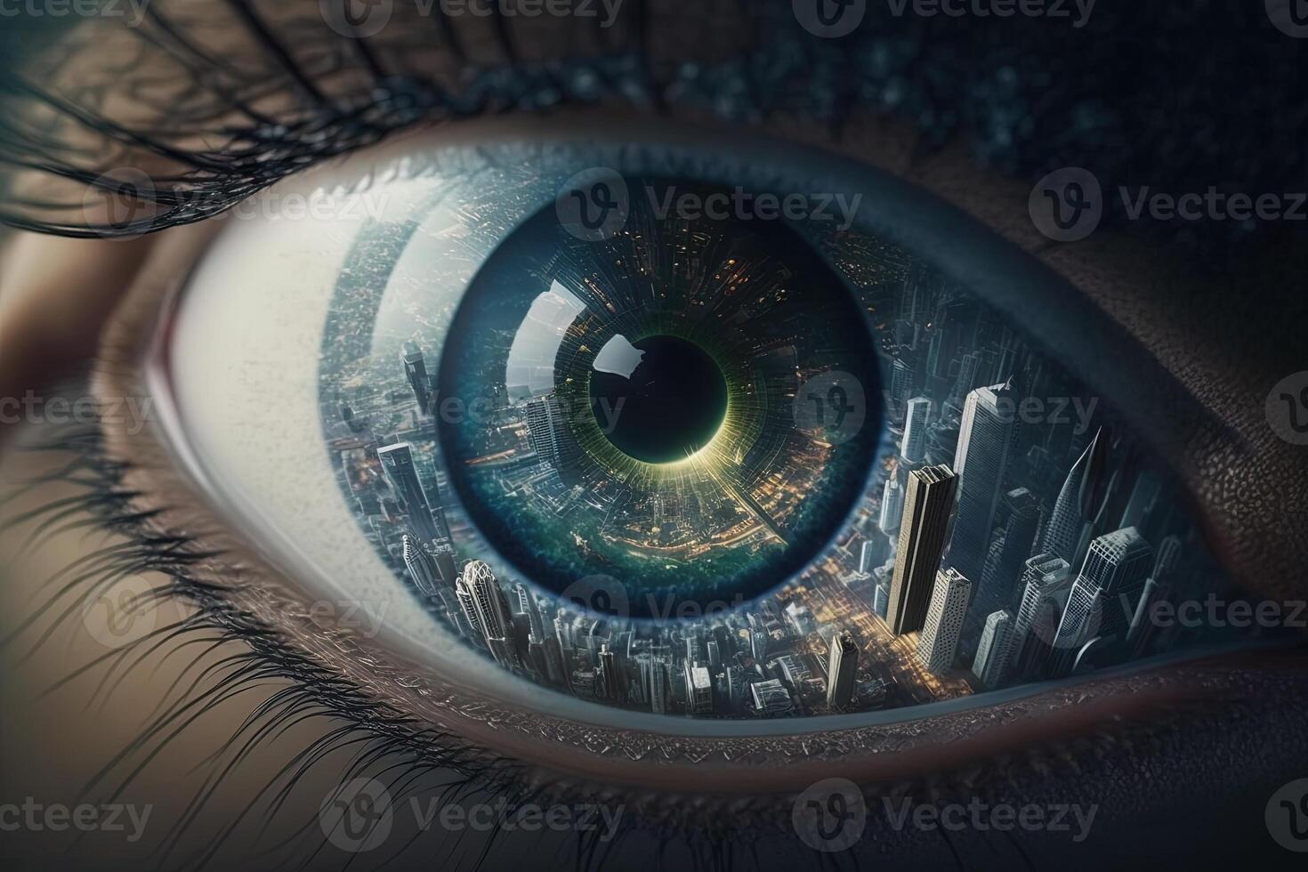 A photograph of a city from above inside the pupil of an eye realistic. Close-up Eye with a modern futuristic city inside it. Look for future. keep moving forward concept. photo