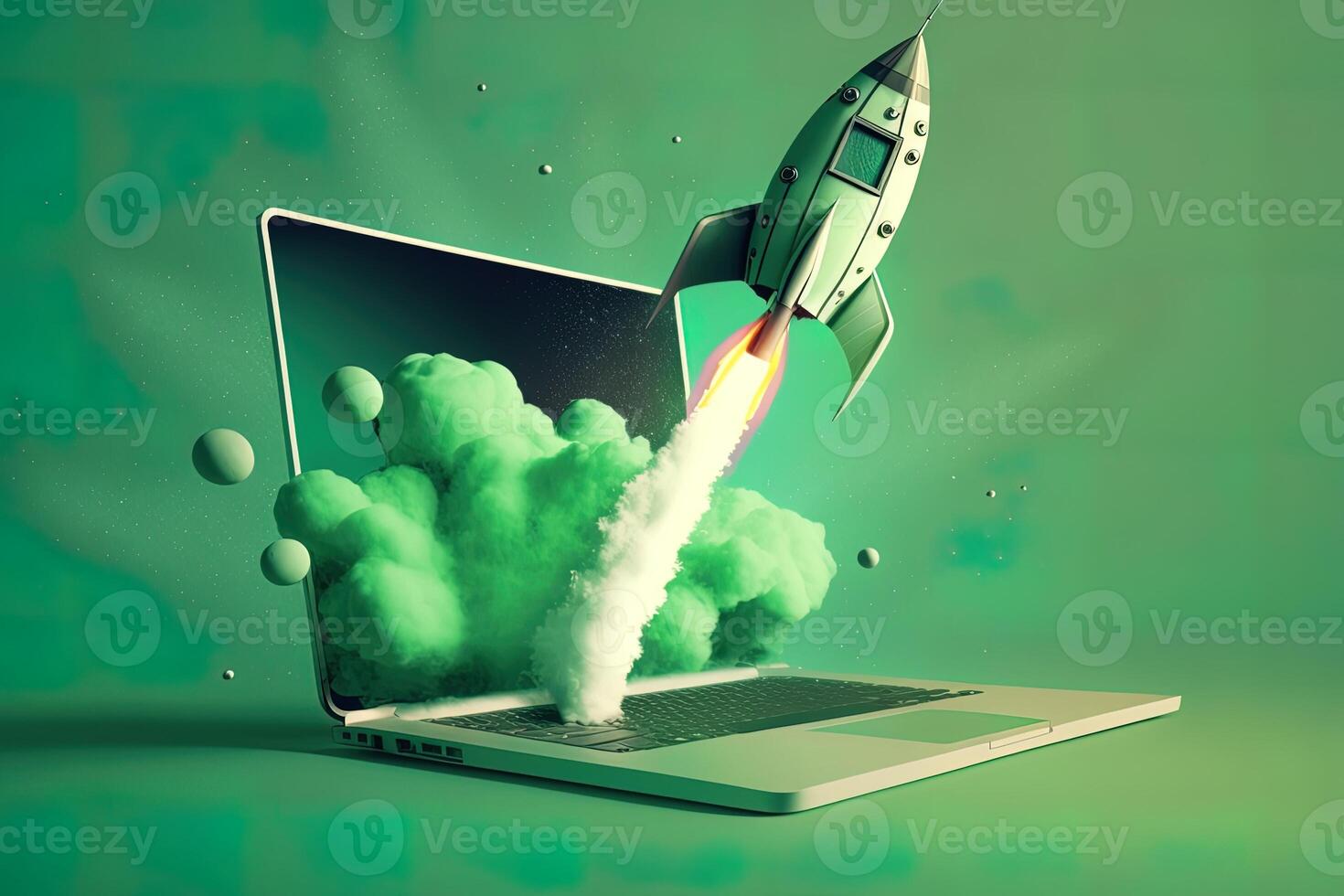 Rocket coming out of laptop screen, green background. AI digital illustration concept of ideas and start up. photo