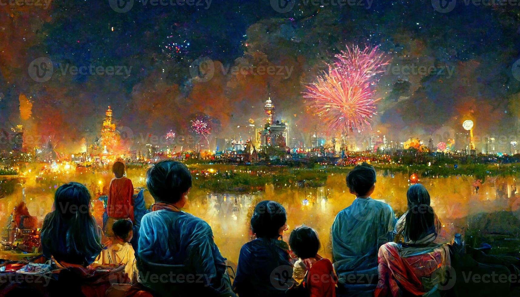 Asian family watching firework and celebrating together. Happy new year by painting. photo